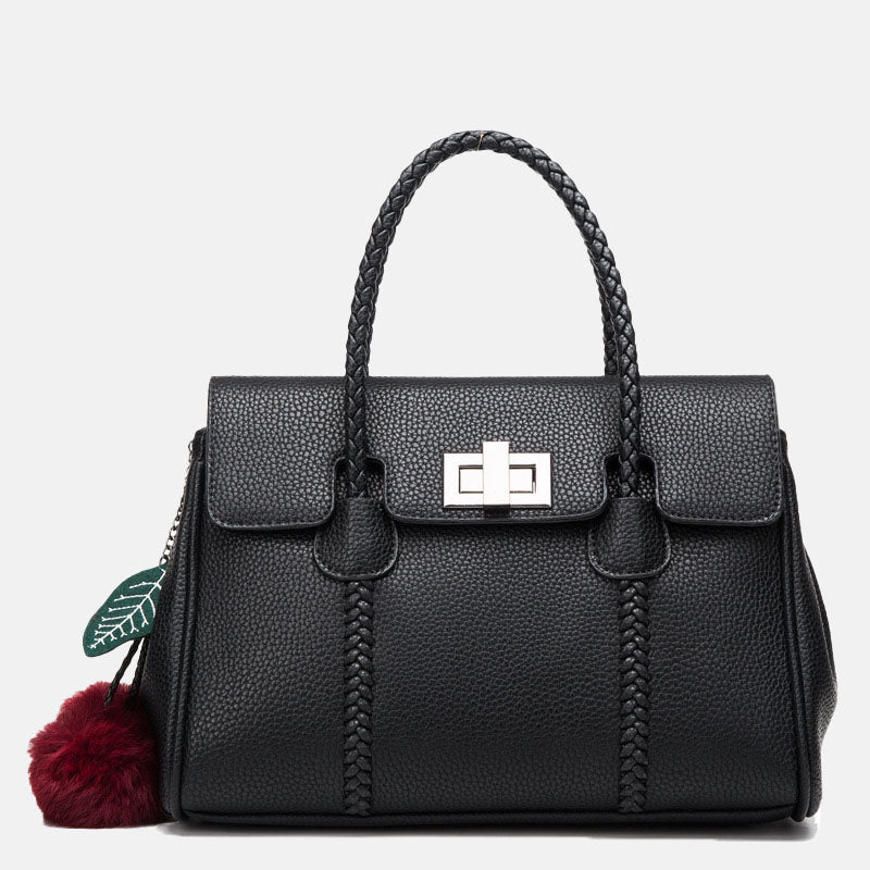 Women’s Lychee Pattern Genuine Leather Lock Buckle Woven Handle Crossbody Shoulder Bag image 6