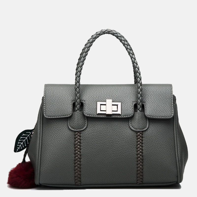 Women’s Lychee Pattern Genuine Leather Lock Buckle Woven Handle Crossbody Shoulder Bag image 7