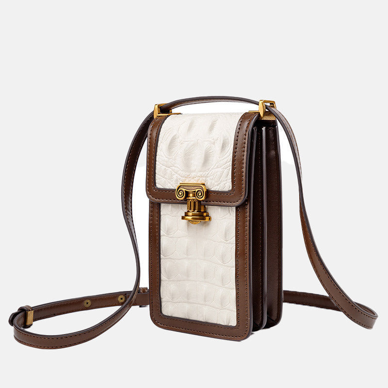 Women’s Mini Ivory White Genuine Leather Crocodile Pattern Lock Crossbody Bag image