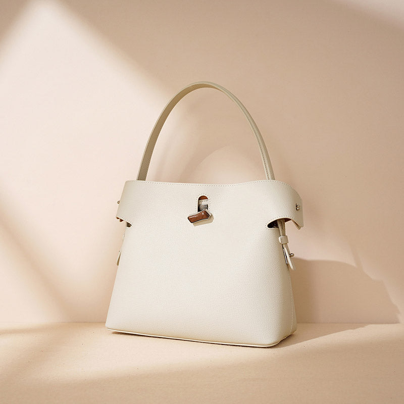 Women’s Minimalist Genuine Leather Bamboo Lock Bucket Tote Bag image 6