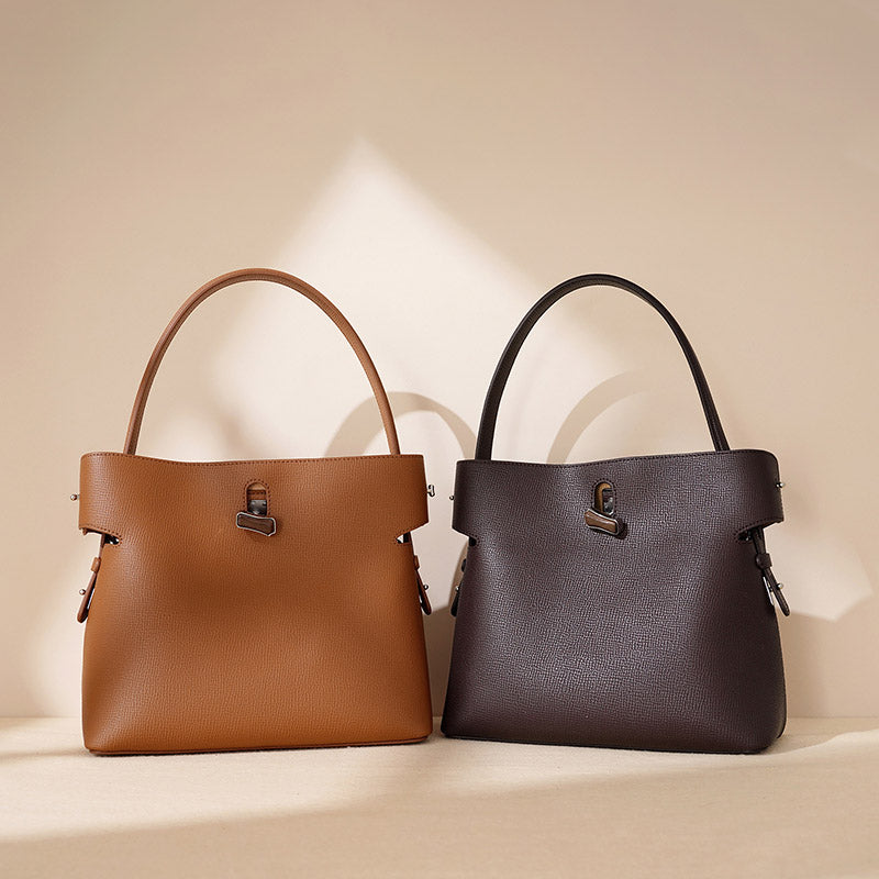 Women’s Minimalist Genuine Leather Bamboo Lock Bucket Tote Bag image 3