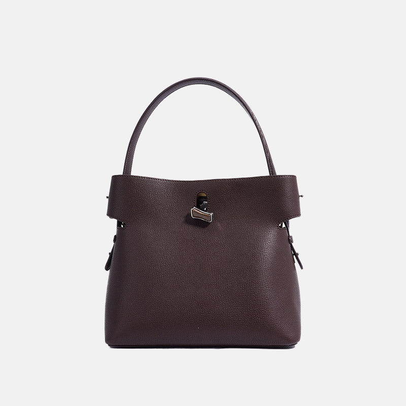 Women’s Minimalist Genuine Leather Bamboo Lock Bucket Tote Bag image 4