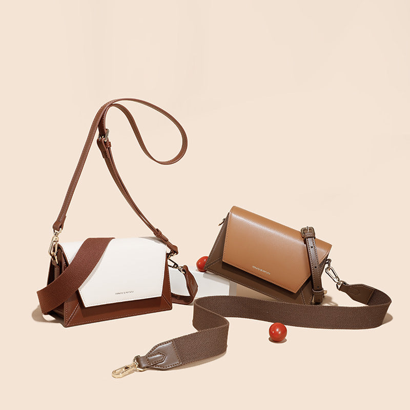 Women’s Minimalist Genuine Leather Color Block Trapezoid Crossbody Shoulder Bag image 4