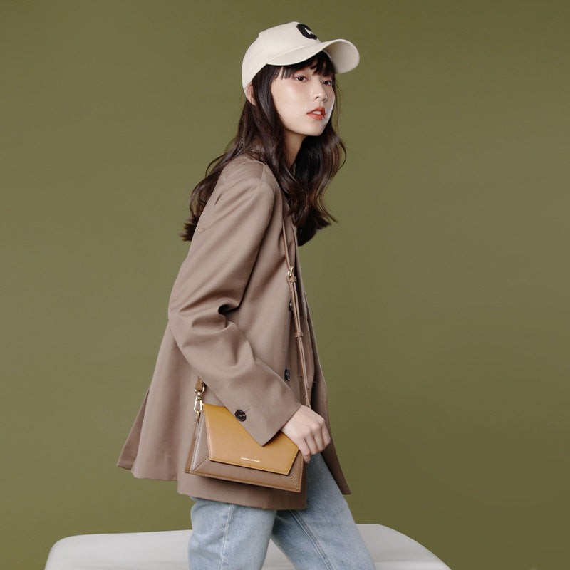 Women’s Minimalist Genuine Leather Color Block Trapezoid Crossbody Shoulder Bag image 6