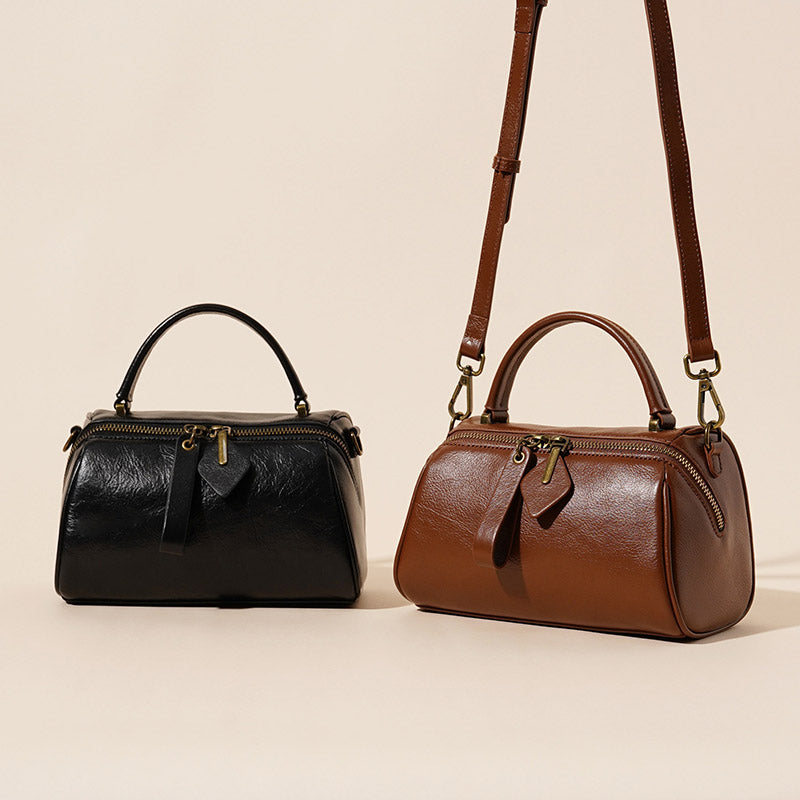 Women’s Minimalist Genuine Leather Cylindrical Zip-Top Handbag image 4