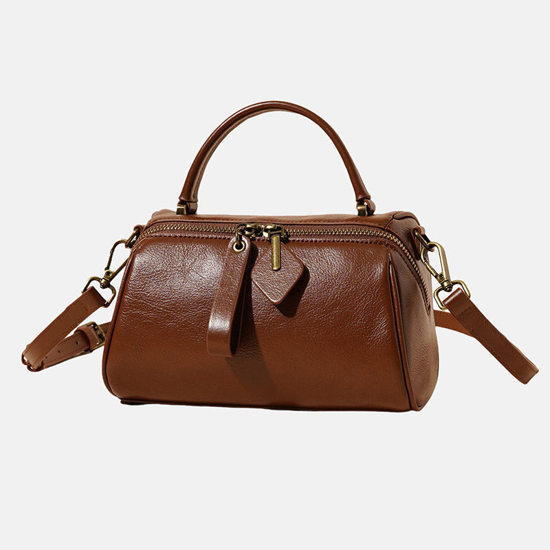 Women’s Minimalist Genuine Leather Cylindrical Zip-Top Handbag image