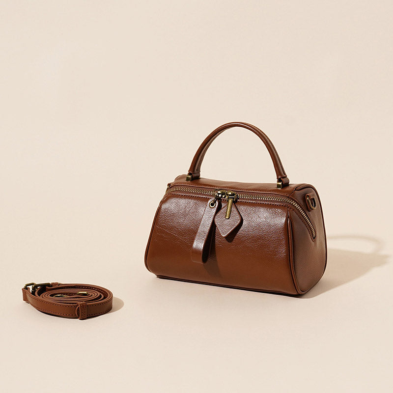 Women’s Minimalist Genuine Leather Cylindrical Zip-Top Handbag image 2