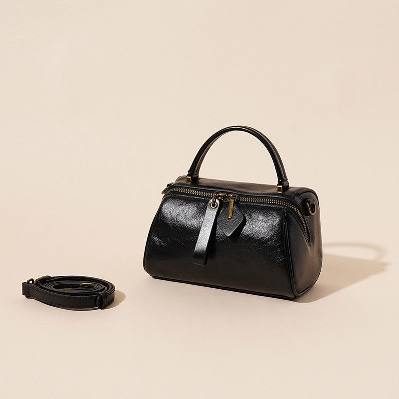 Women’s Minimalist Genuine Leather Cylindrical Zip-Top Handbag image 3