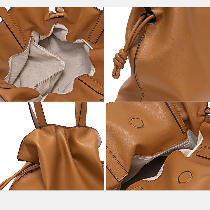 Women’s Minimalist Genuine Leather Drawstring Pleated Crossbody Shoulder Tote Bag image 3
