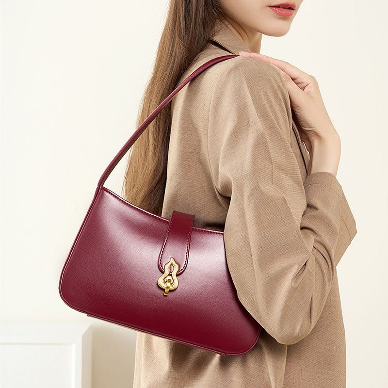 Women’s Minimalist Genuine Leather Gourd Shape Buckle Baguette Bag image 3
