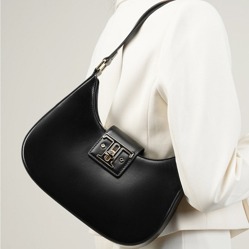 Women’s Minimalist Genuine Leather Lock-Closure Shoulder Baguette Bag image 4