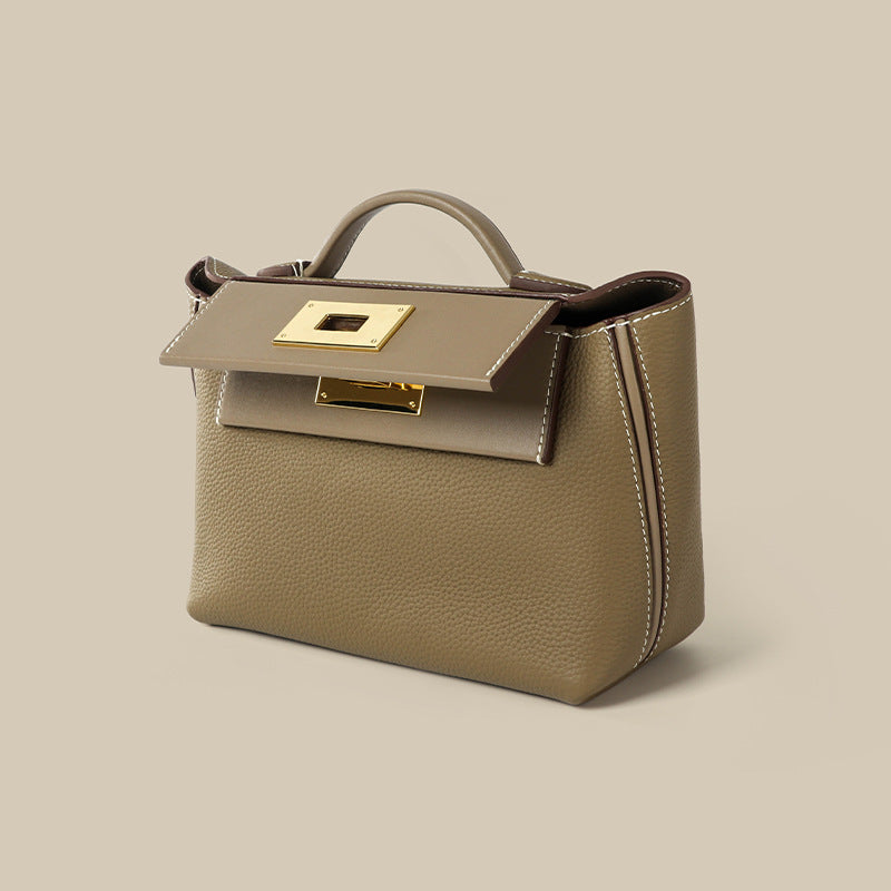 Women’s Minimalist Genuine Leather Lock Closure Top Handle Bag image 3