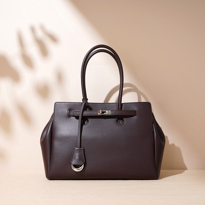 Women’s Minimalist Genuine Leather Lock-Closure Tote Bag image 2