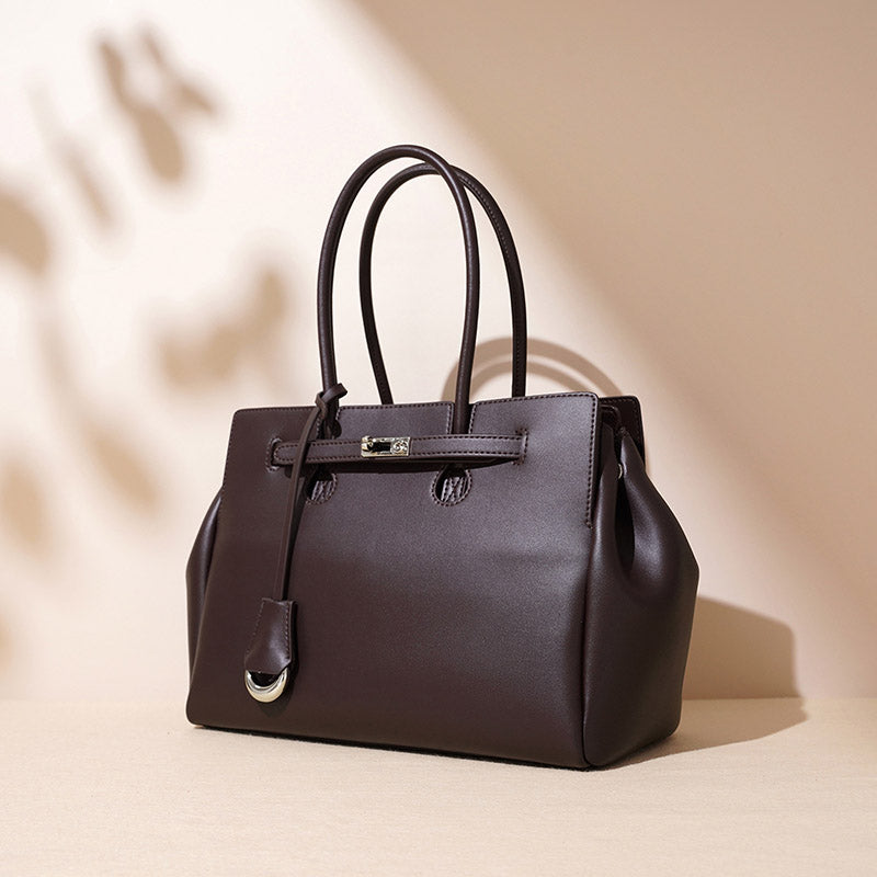 Women’s Minimalist Genuine Leather Lock-Closure Tote Bag image 3