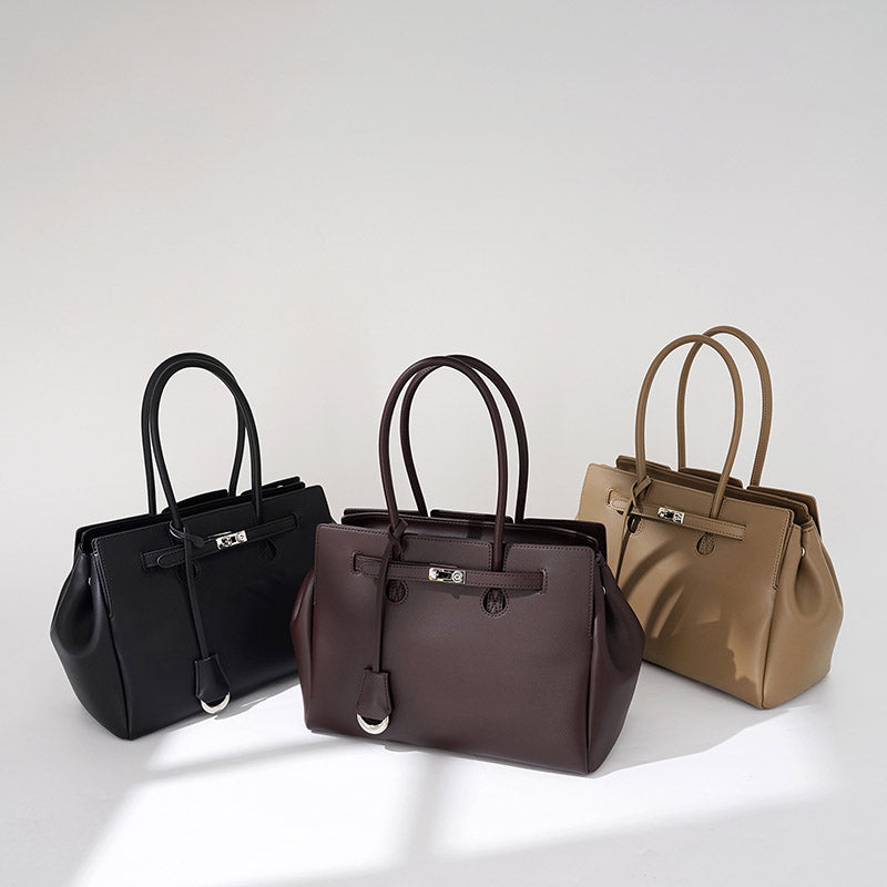 Women’s Minimalist Genuine Leather Lock-Closure Tote Bag image 4
