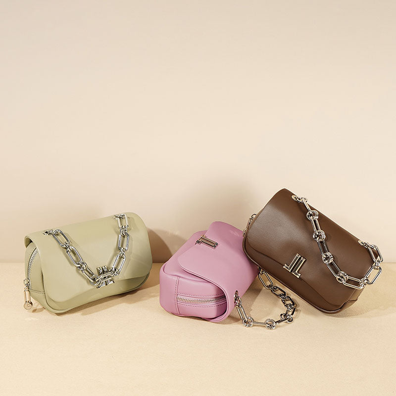 Women’s Minimalist Genuine Leather Magnetic Clasp Shoulder Crossbody Chain Handle Bags image 4