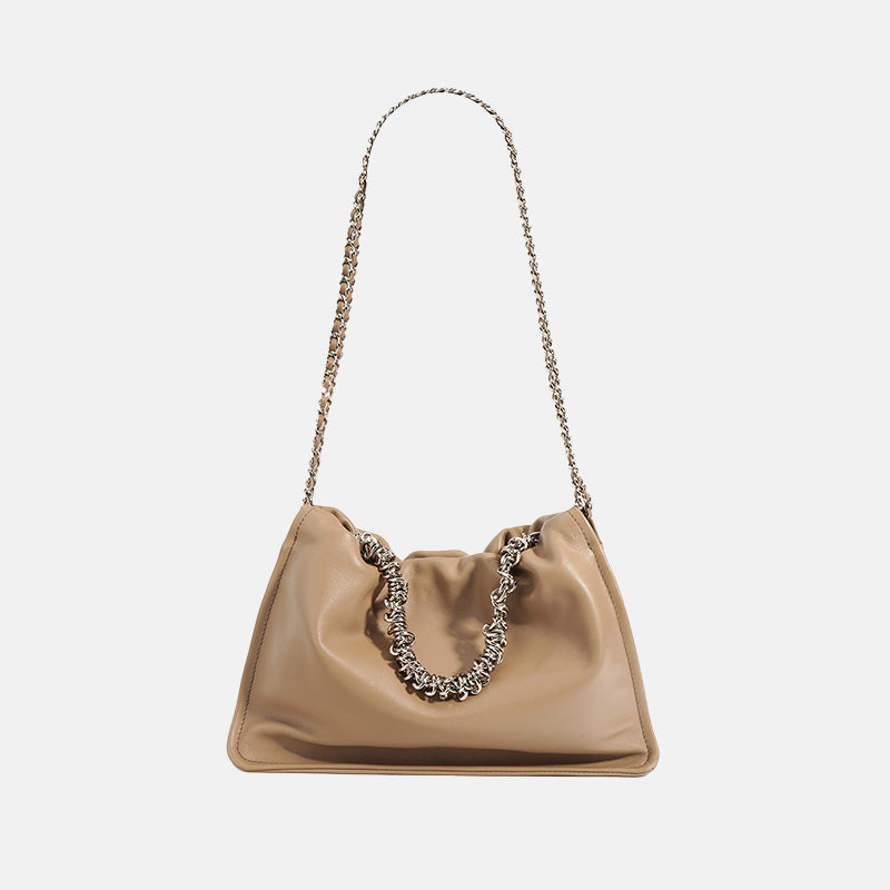 Women’s Minimalist Genuine Leather Pleated Chain Top Handle Bag image 2