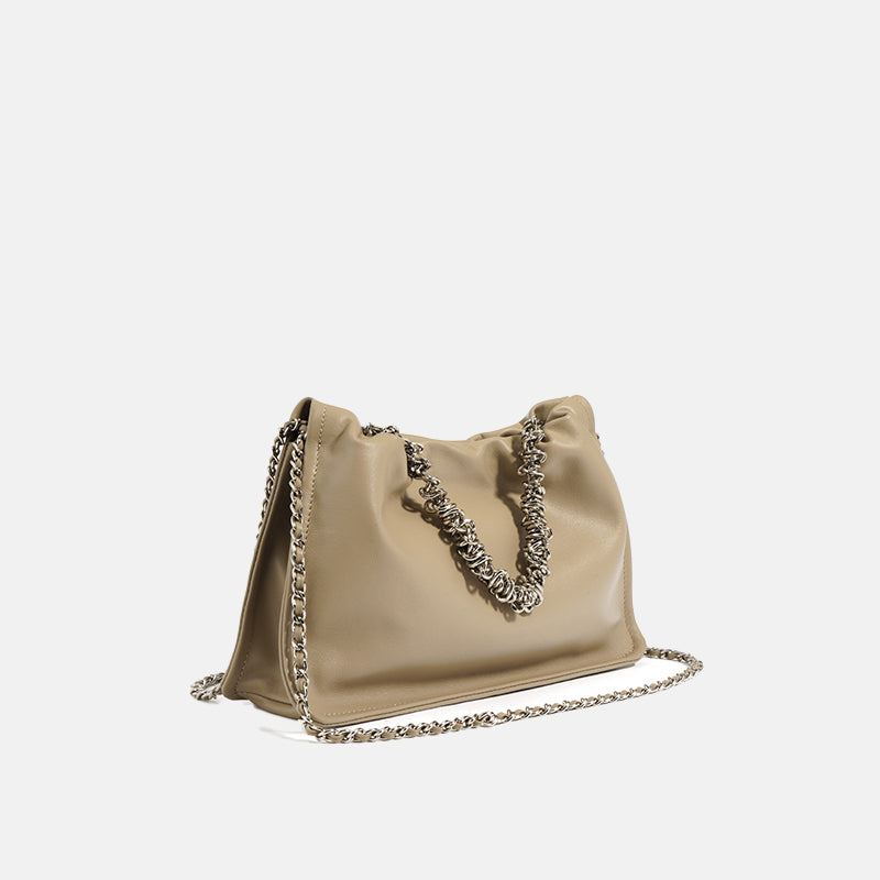Women’s Minimalist Genuine Leather Pleated Chain Top Handle Bag image 9