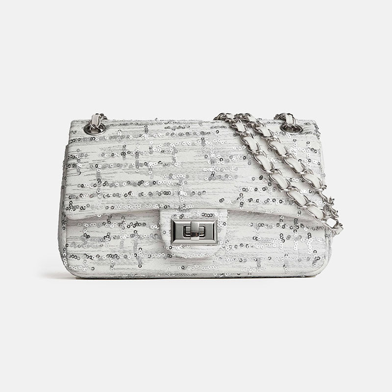 Women’s Minimalist Genuine Leather Sequin Finish Crossbody Shoulder Chain Bag image