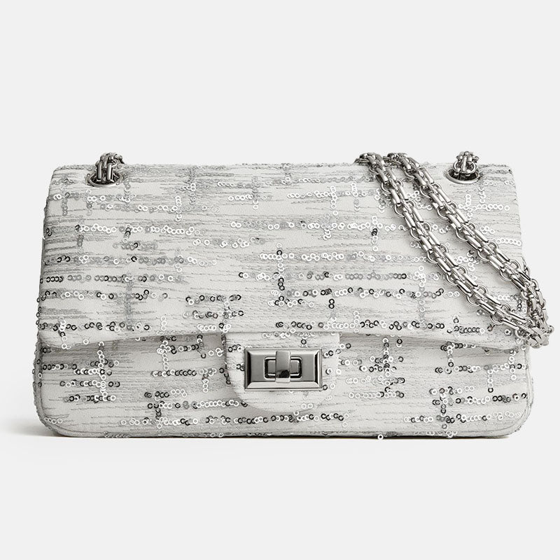 Women’s Minimalist Genuine Leather Sequin Finish Crossbody Shoulder Chain Bag image 3