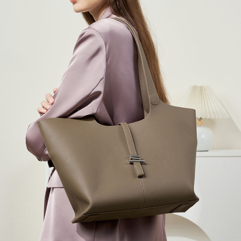 Women’s Minimalist Genuine Leather Tote Bag with Clasp Detail image 6