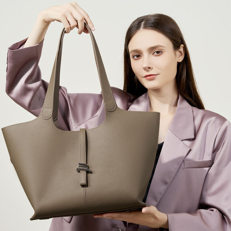 Women’s Minimalist Genuine Leather Tote Bag with Clasp Detail image 5