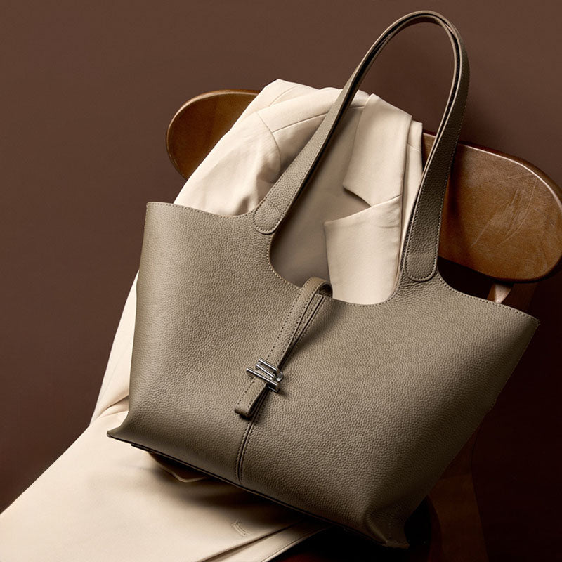 Women’s Minimalist Genuine Leather Tote Bag with Clasp Detail image 4