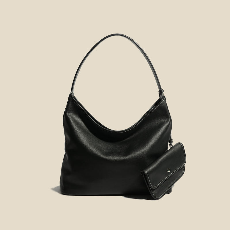 Women’s Minimalist Genuine Leather Zipper Shoulder Tote Bags In Black image