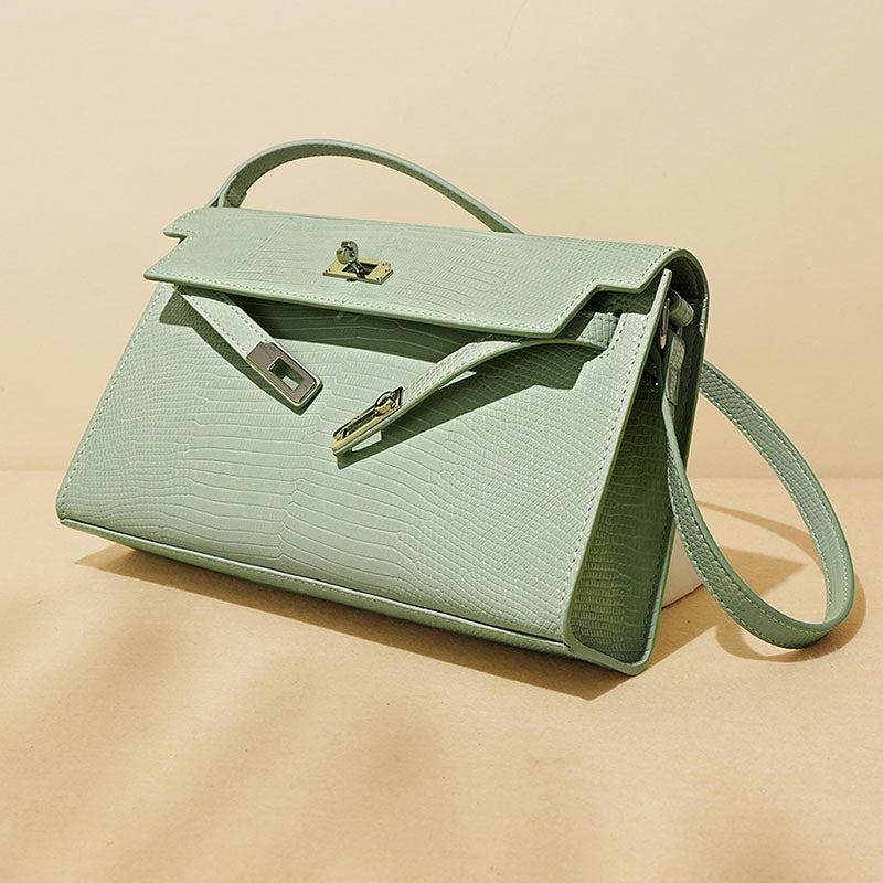 Women’s Minimalist Lizard Embossed Leather Lock Clasp Shoulder Baguette Bag image 3