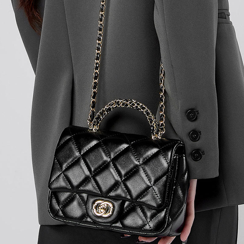 Women’s Minimalist Quilted Genuine Leather Crossbody Chain Top Handle Bag In Gold Hardware image 5