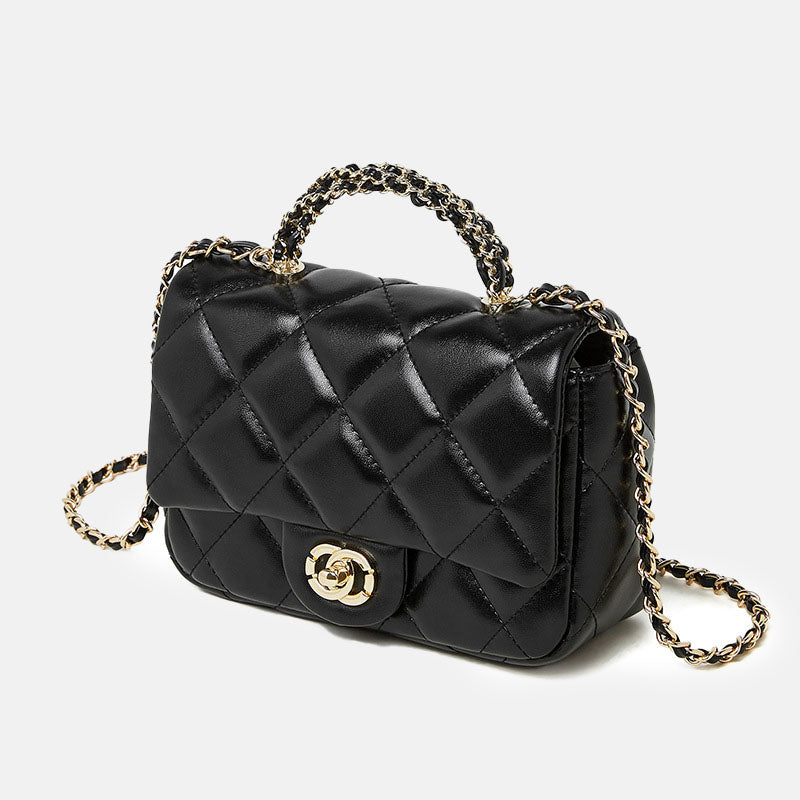 Women’s Minimalist Quilted Genuine Leather Crossbody Chain Top Handle Bag In Gold Hardware image 2