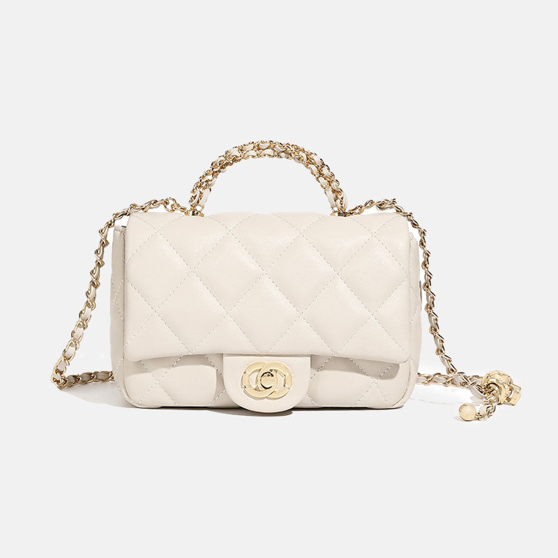Women’s Minimalist Quilted Genuine Leather Crossbody Chain Top Handle Bag In Gold Hardware image