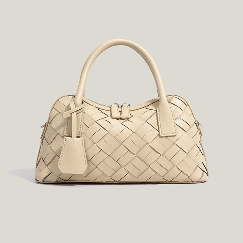 Women’s Minimalist Woven Split Leather Bowling Handbag image