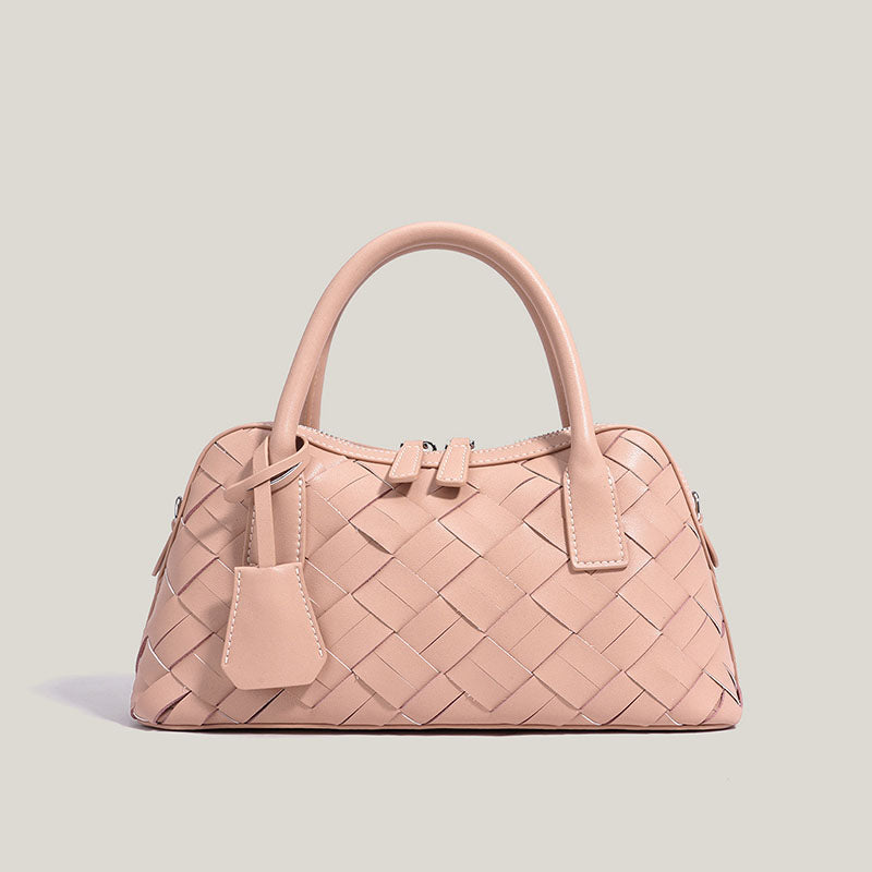 Women’s Minimalist Woven Split Leather Bowling Handbag image 5