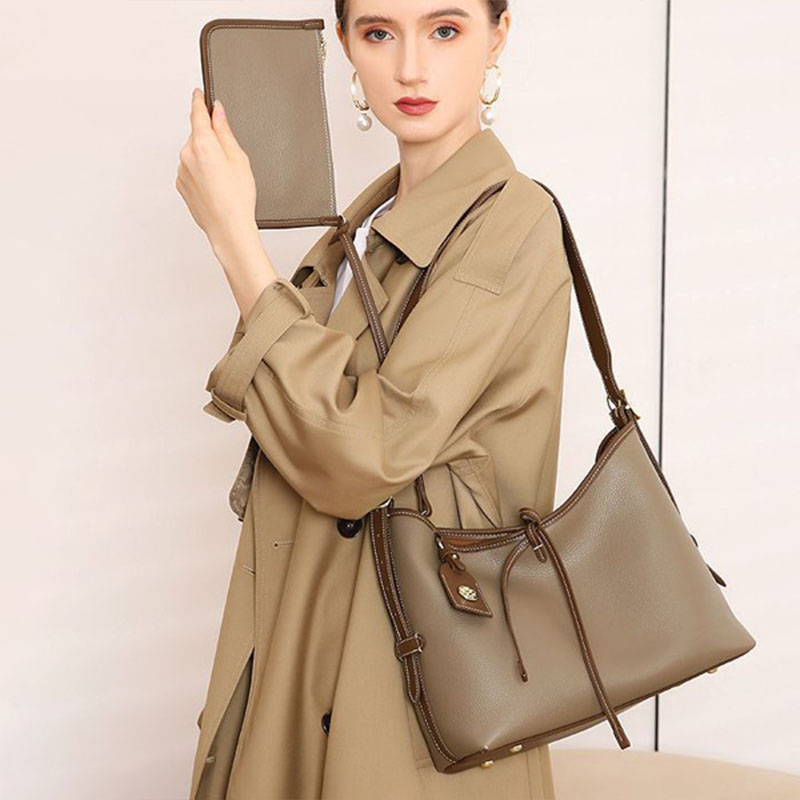 Women’s Mocha Gray Genuine Leather Shoulder Tote Bag image 4