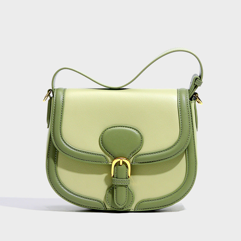 Women’s Olive Green Leather Saddle Shoulder Bag with Lock Buckle image
