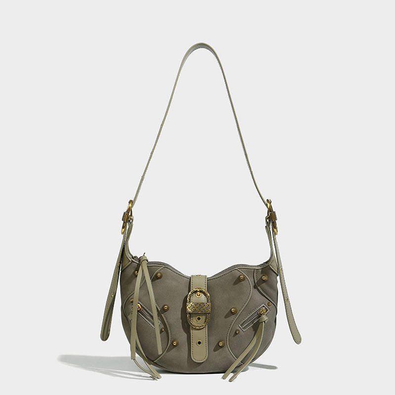 Women’s PU Material Studded Lock Corssbody Saddle Bag image 4