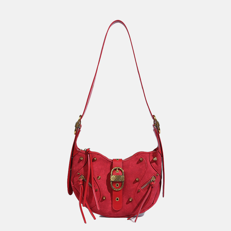 Women’s PU Material Studded Lock Corssbody Saddle Bag image