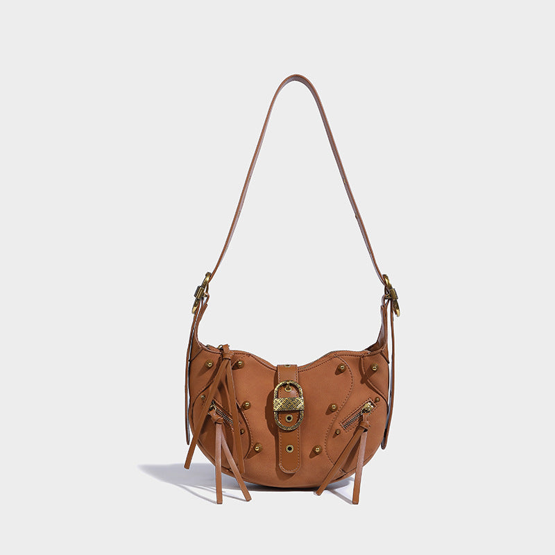 Women’s PU Material Studded Lock Corssbody Saddle Bag image 7