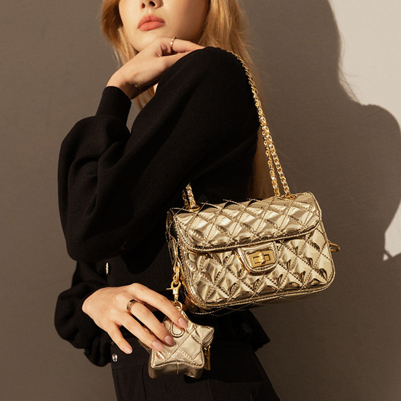 Women’s Quilted Genuine Leather Chain Lock Buckle Crossbody Shoulder Bag In Minimalist image 2