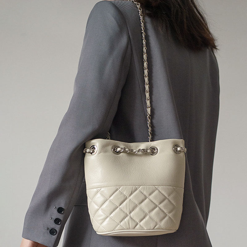 Women’s Quilted Genuine Leather Minimalist Crossbody Chain Bucket Bags image 6