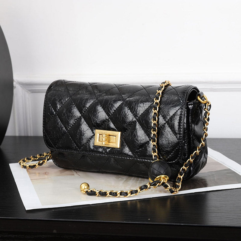 Women’s Quilted Waxed Leather Crossbody Chain Bag In Gold Hardware image 2