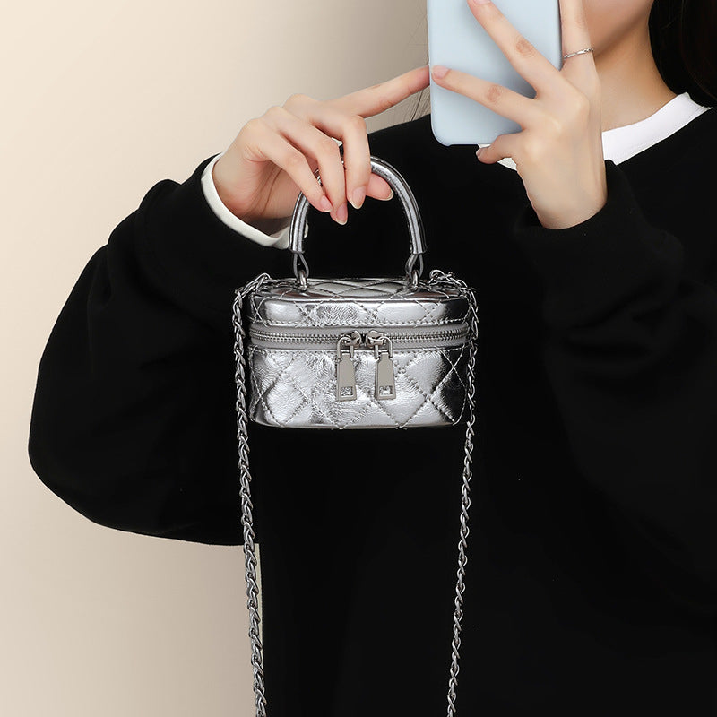 Women’s Silver Genuine Leather Quilted Chain Crossbody Box Bags image 4