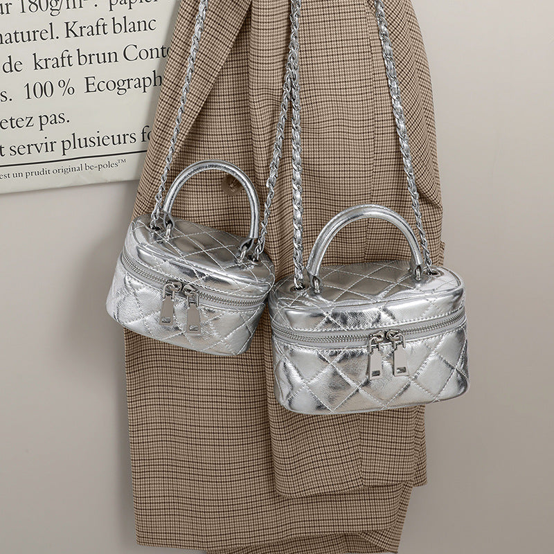Women’s Silver Genuine Leather Quilted Chain Crossbody Box Bags image 6