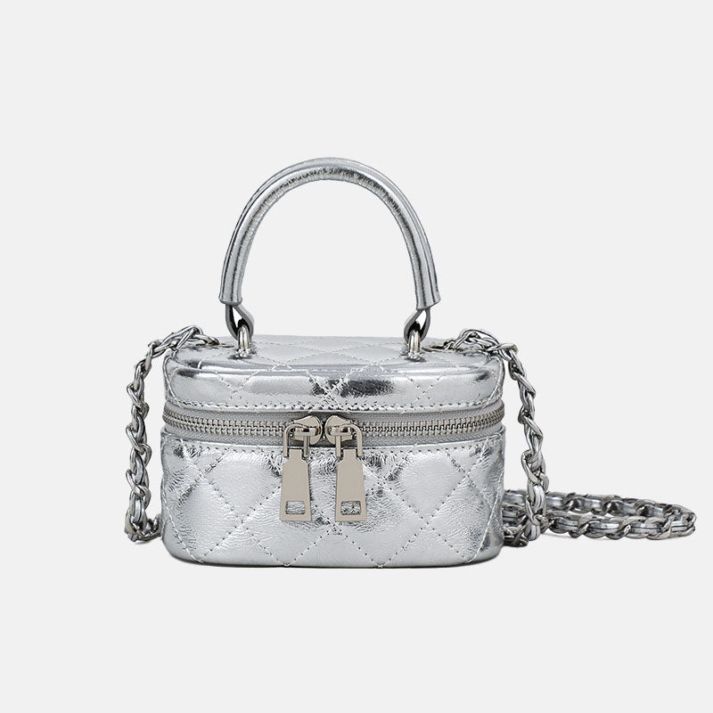 Women’s Silver Genuine Leather Quilted Chain Crossbody Box Bags image