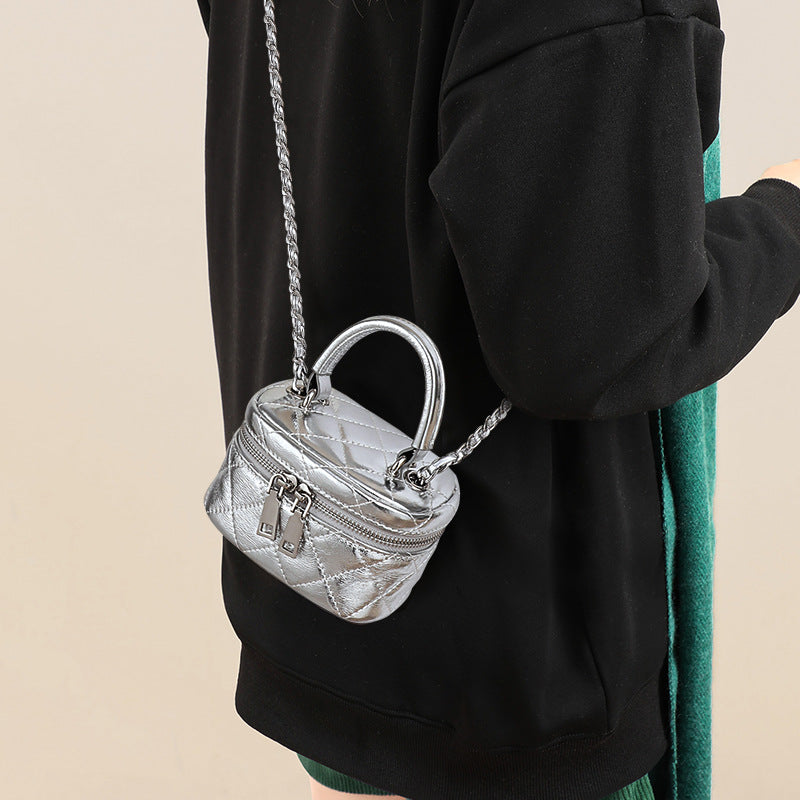 Women’s Silver Genuine Leather Quilted Chain Crossbody Box Bags image 2