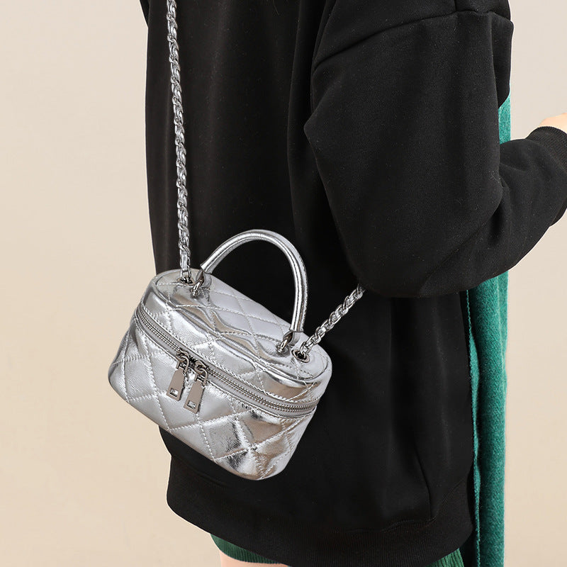 Women’s Silver Genuine Leather Quilted Chain Crossbody Box Bags image 3