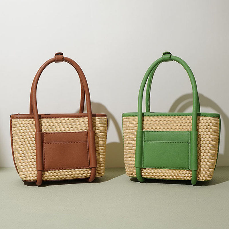 Women’s Straw Woven Genuine Leather Minimalist Crossbody Tote Bag image 4