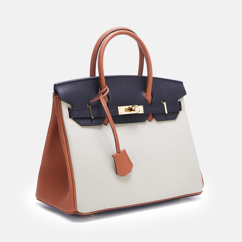 Women’s Top-Grain Leather Color-Block Gold Lock Closure Handle Bag image 2