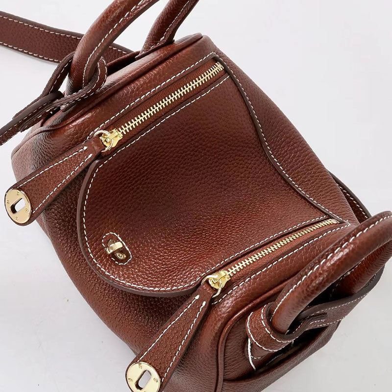 Women’s Vintage Brown Top-Grain Leather Cat Eye Accent Bucket Bag In Gold Hardware image 5
